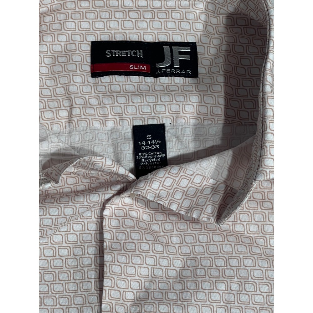 J. Ferrar Mens Slim Fit Stretch Button Down Shirt Tan Geometric Small 14-14.5